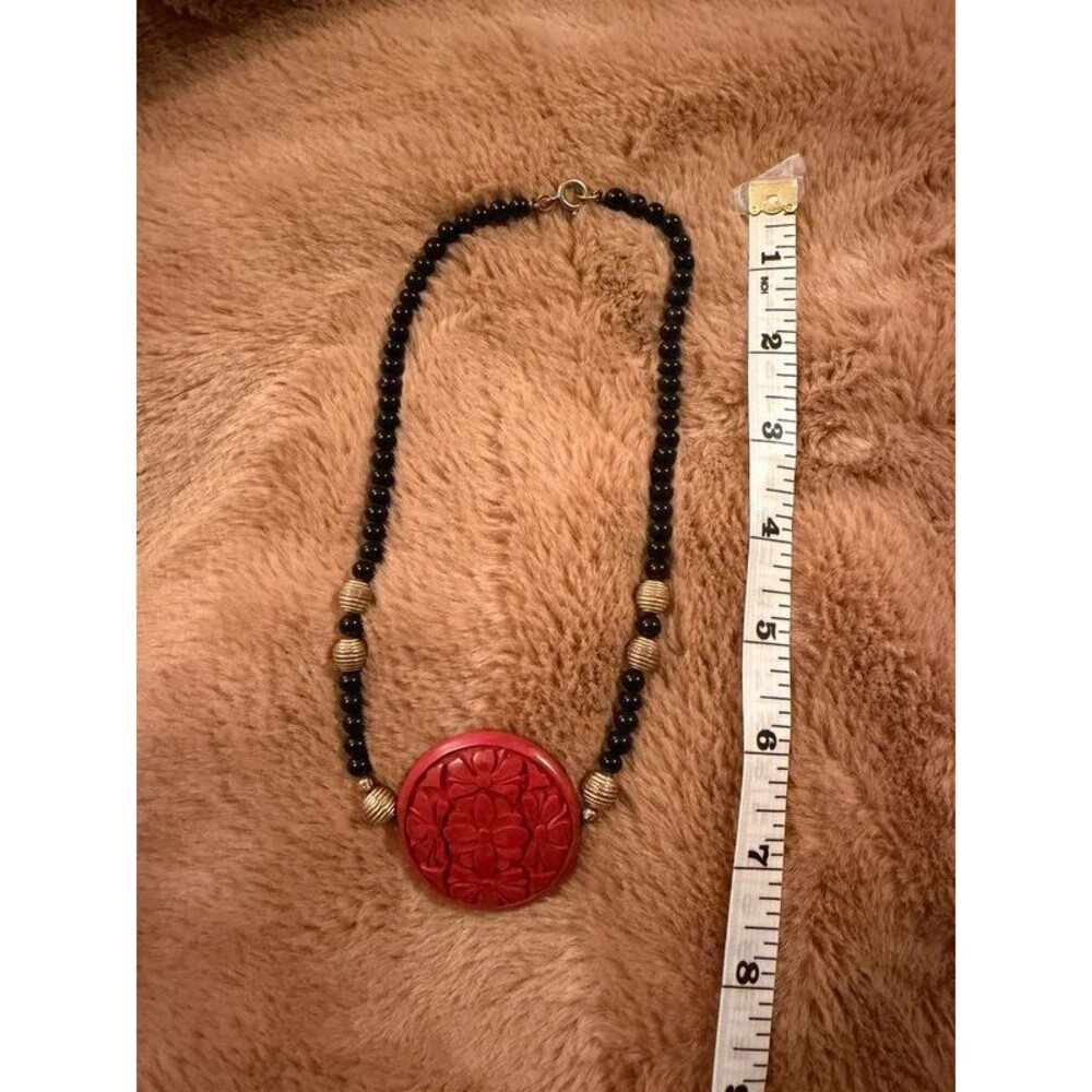Vintage Chinese Carved Cinnabar Floral Pendant Necklace